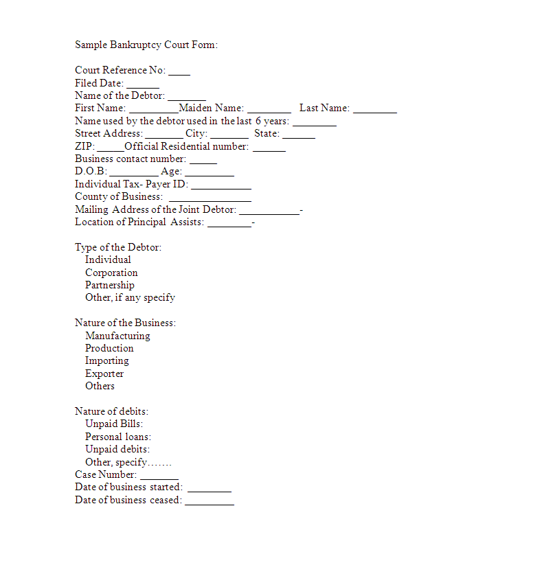 Free Bankruptcy Court Form