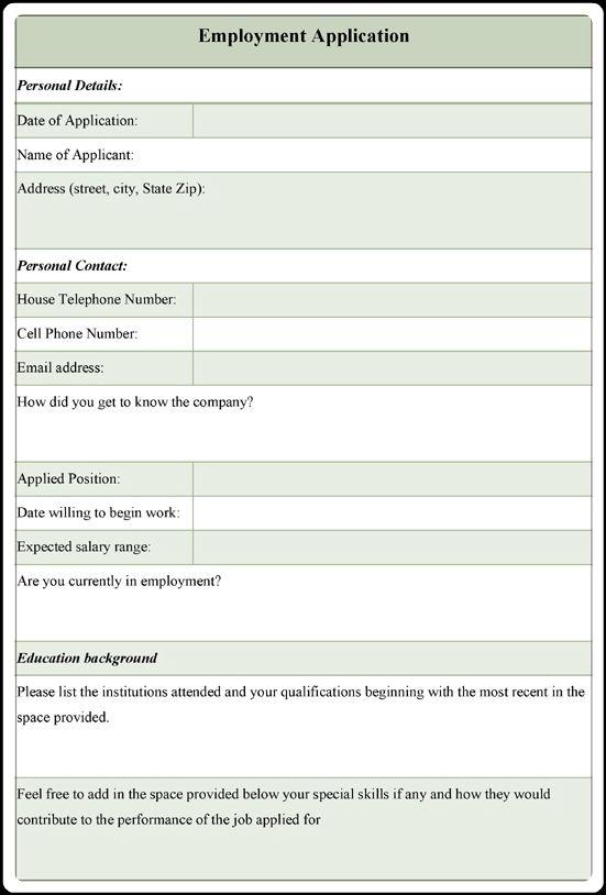 Employment Application Form Template